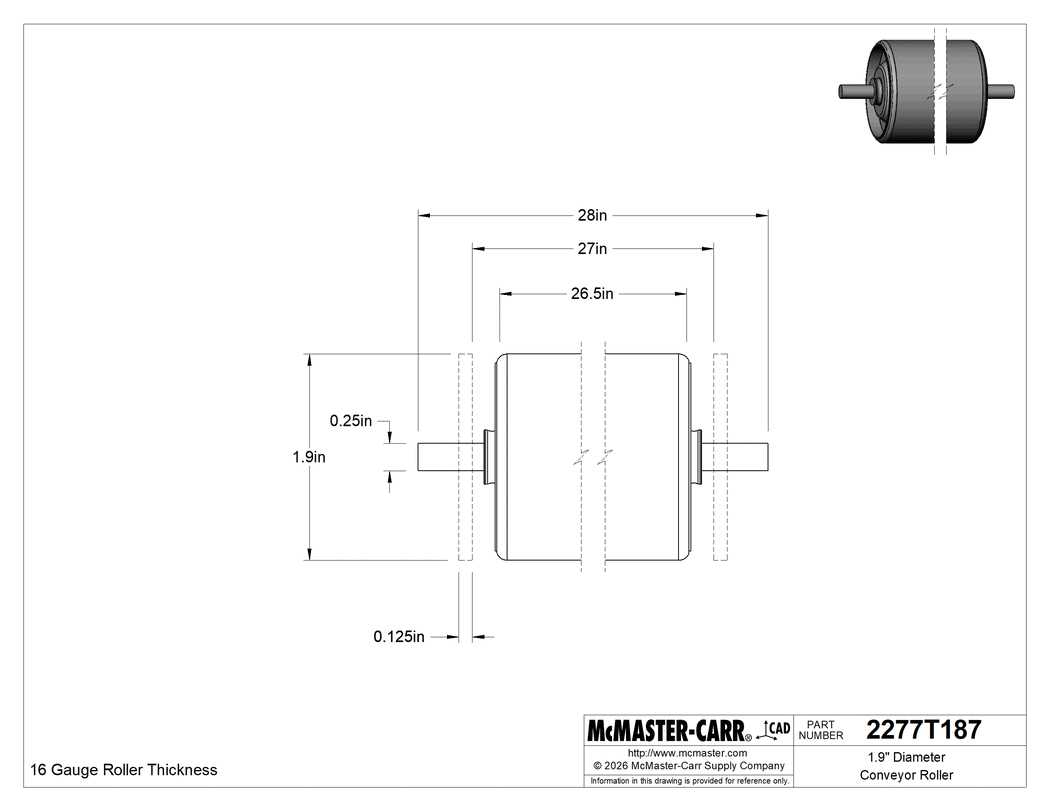 Technical Drawing of 1.9" Diameter Conveyor Roller, 1/4" Round Axle Diameter, for 27" Between Frame Width.